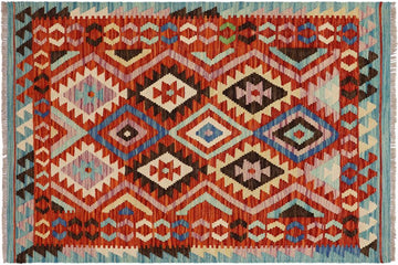 Flat Weave Kilim, Antique, Navaho, Vintage, Handmade, Geometric Kilim Rust Blue Hand-Woven Rectangle 100% Wool Area Rug 3 x 5